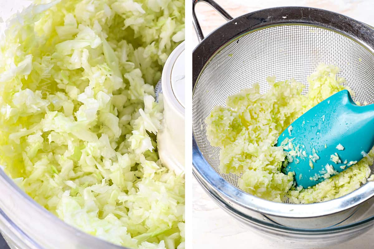 showing how to make gyoza by chopping the cabbage in a food processor, then adding it to a sieve with salt and pressing the water out