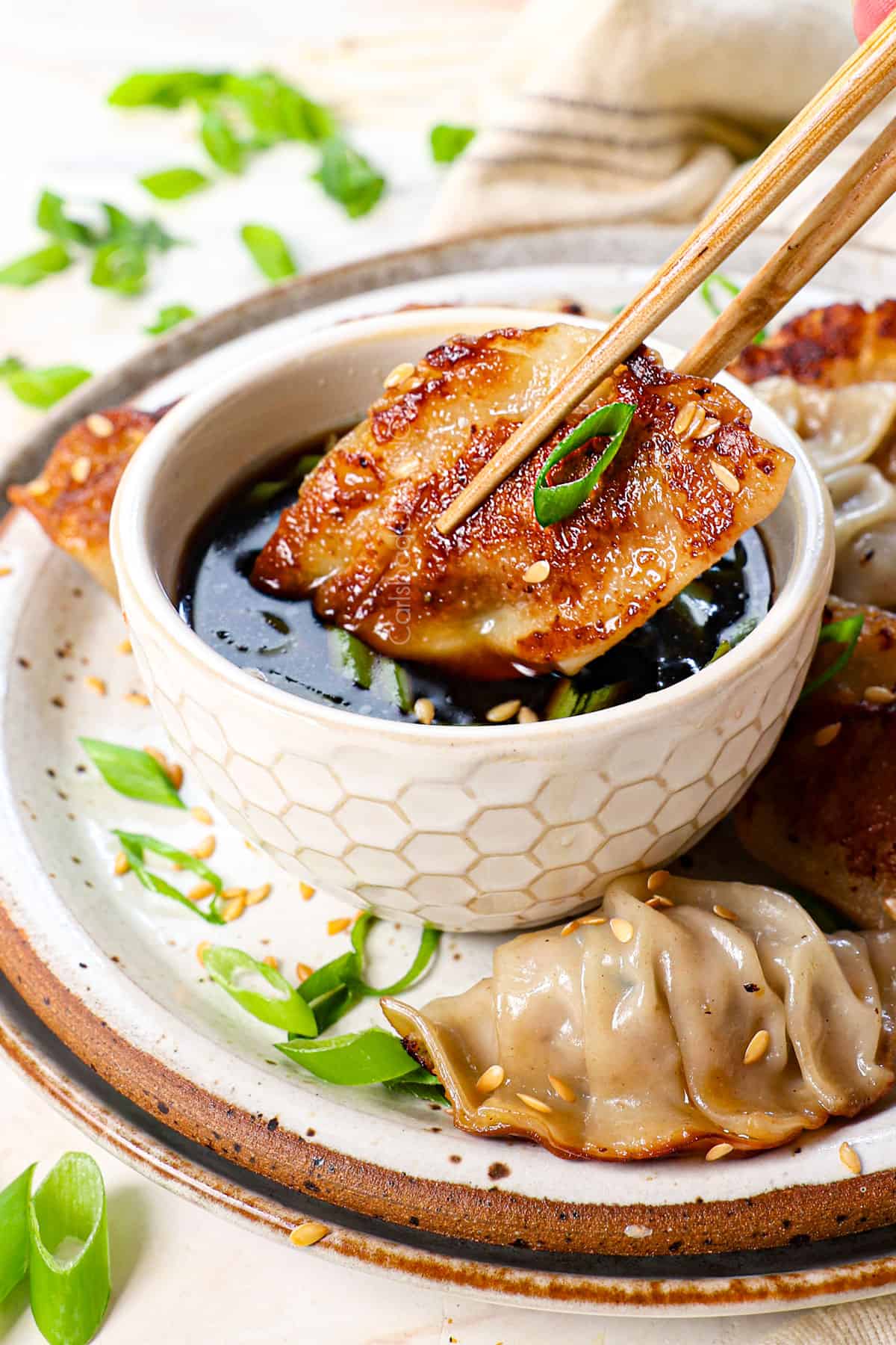 up close of dipping gyoza dumpling in gyoza sauce