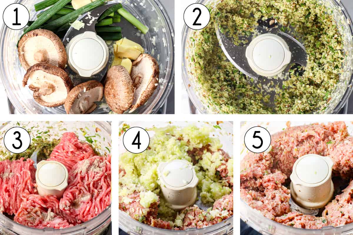 a collage showing how to make gyoza by 1) chopping the green onions, garlic, and mushrooms in a food processor, adding the ground sausage and processing, then adding the cabbage and processing to thoroughly combine