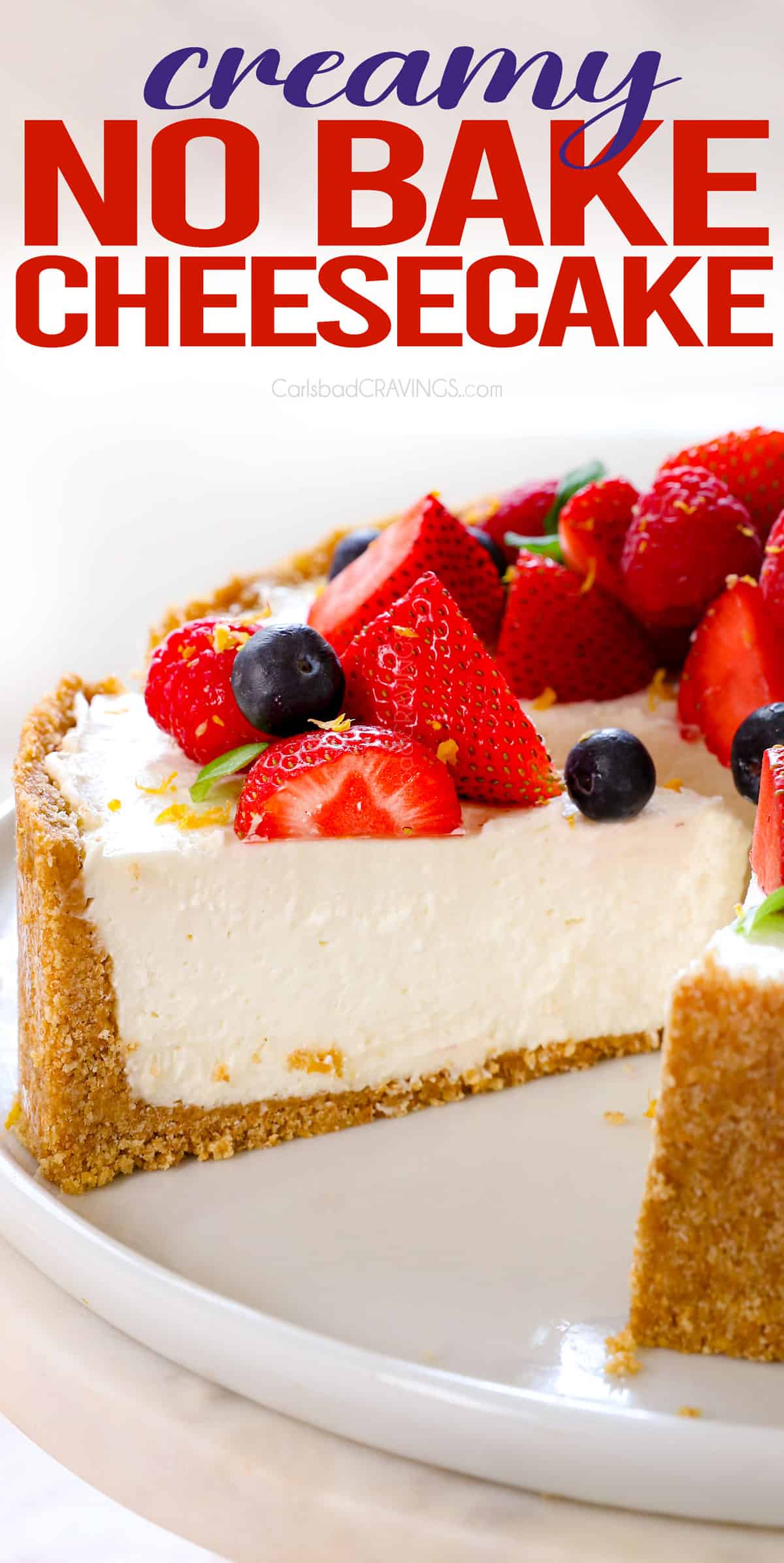 up close of a slice of no bake cheesecake showing how tall, thick and creamy it is