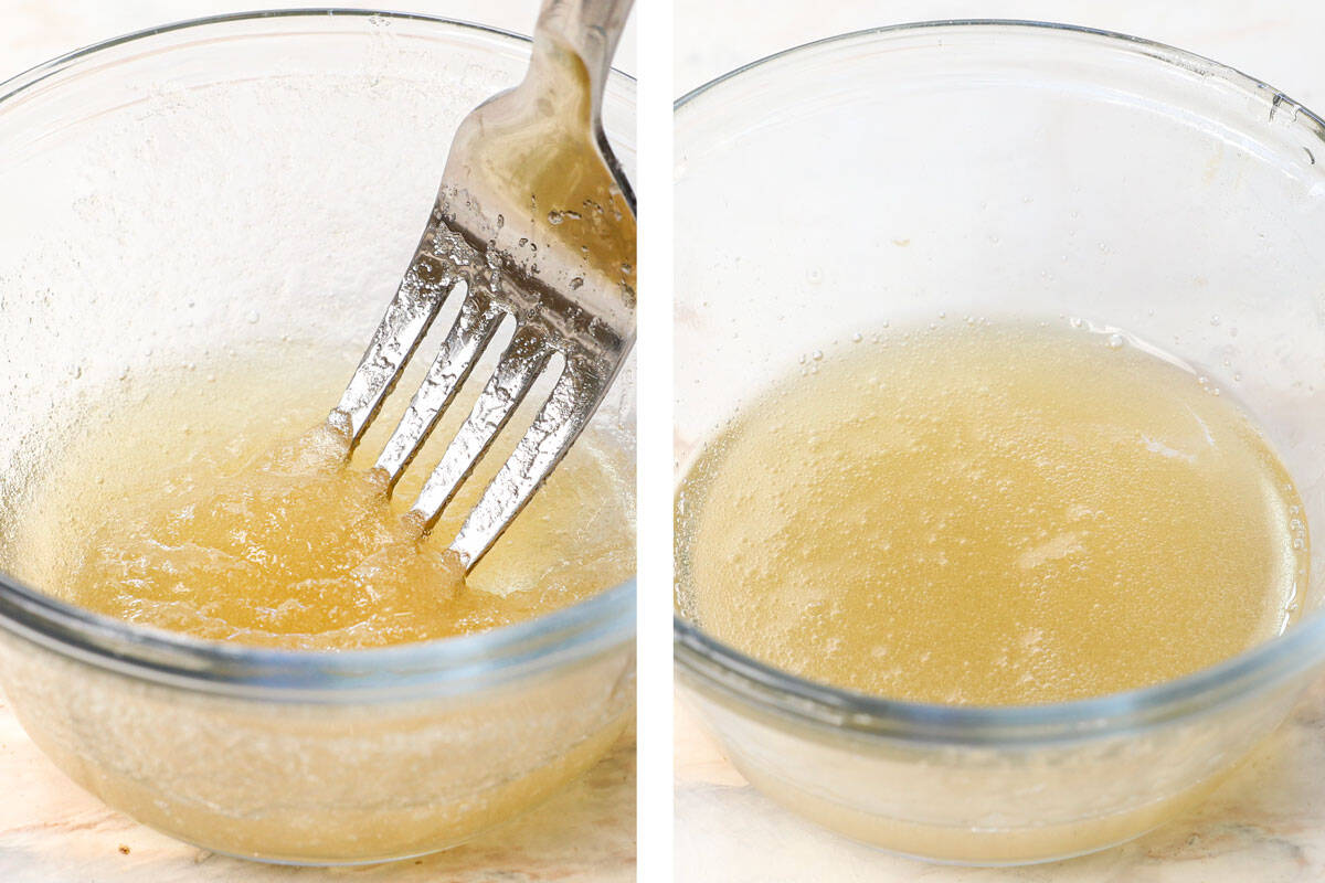 showing how to make no bake cheesecake whisking gelatin with water, then microwaving to thin