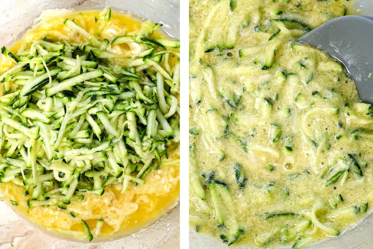 showing how to make zucchini bread by whisking the wet ingredients together (eggs, brown sugar, granulated sugar, vegetable oil, eggs, and vanilla, then stirring in the zucchini