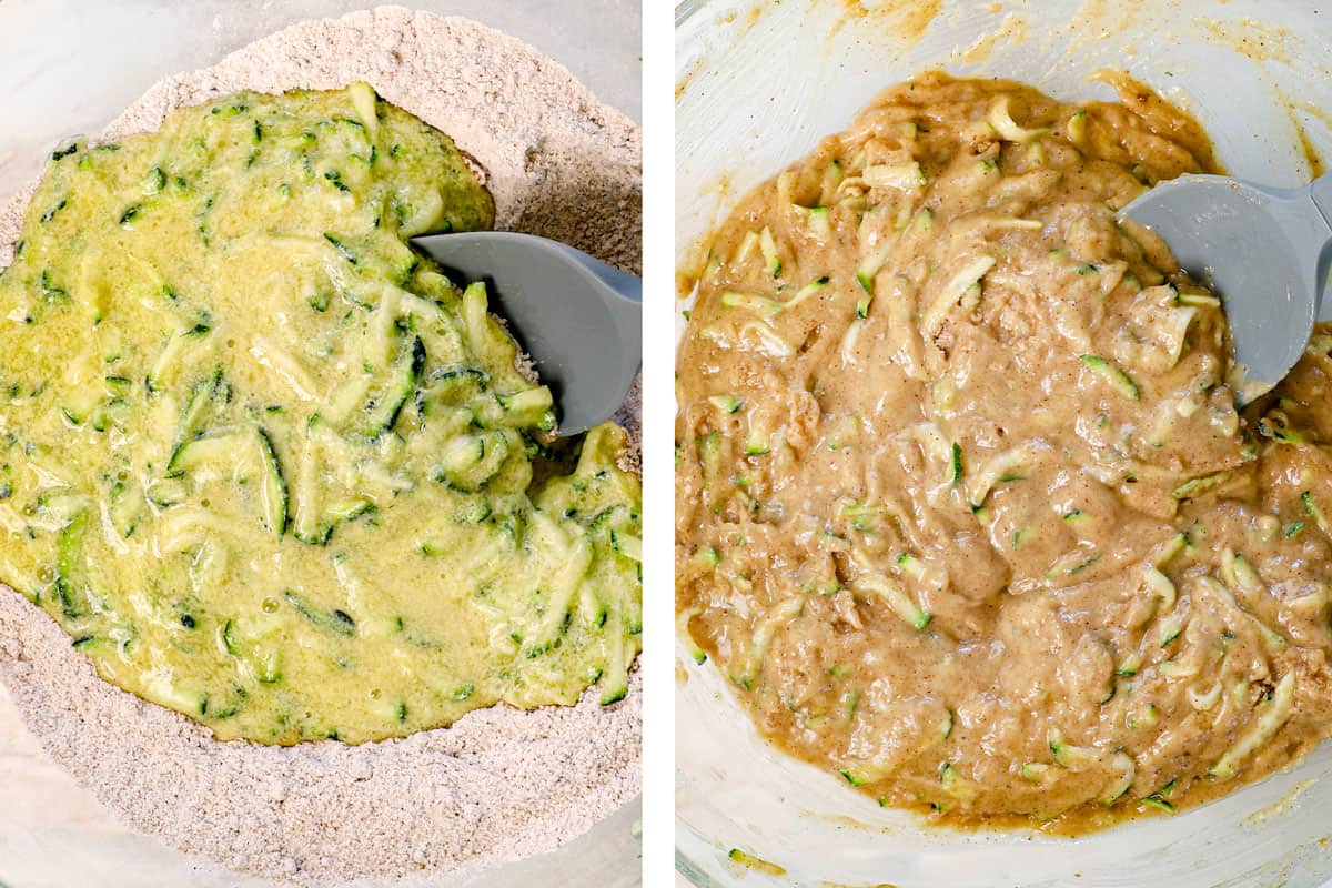 showing how to make zucchini bread by whisking the wet ingredients into the dry ingredients