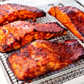 salmon in the air fryer showing the caramelized exterior