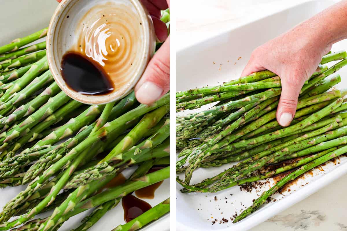 a collage showing how to grill asparagus by drizzling with olive oil, balsamic, salt and pepper and rolling to coat
