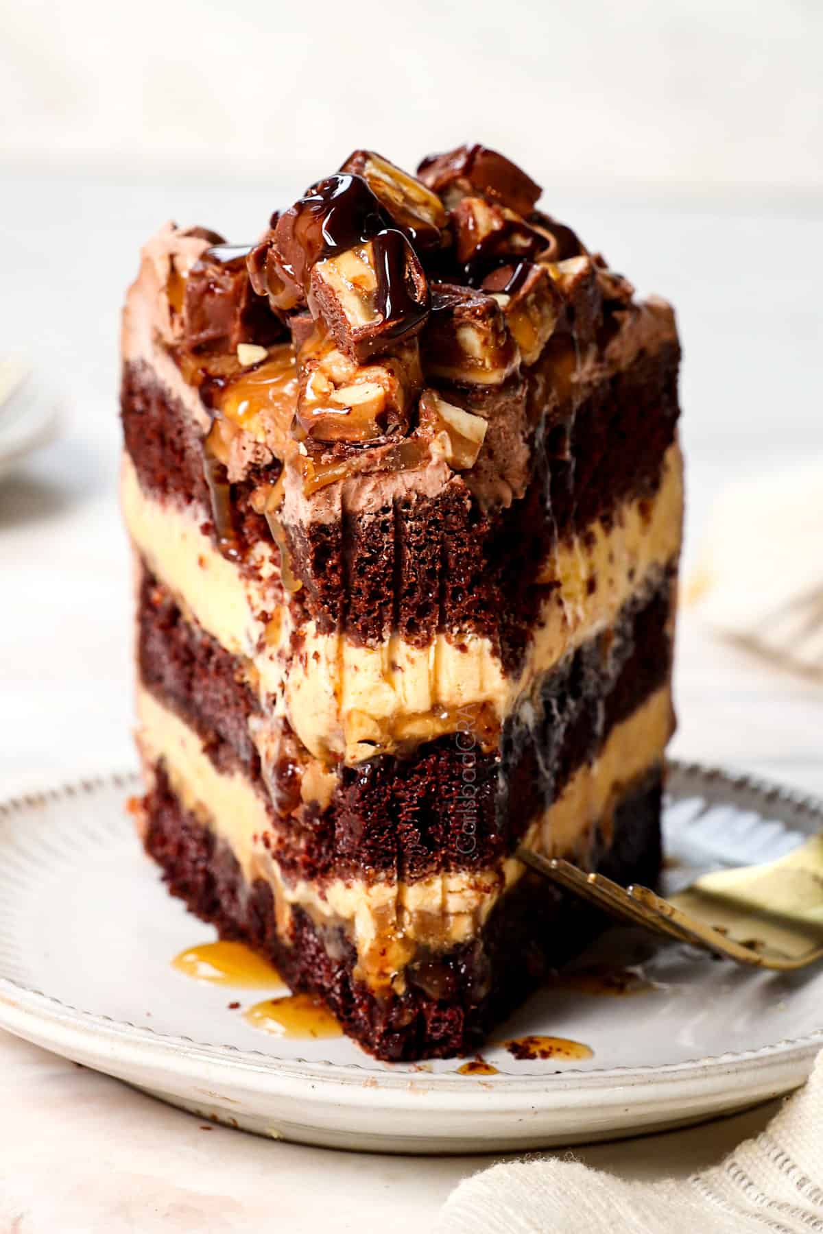 a slice of homemade ice cream cake with a bite taken out, showing the yummy texture and layers