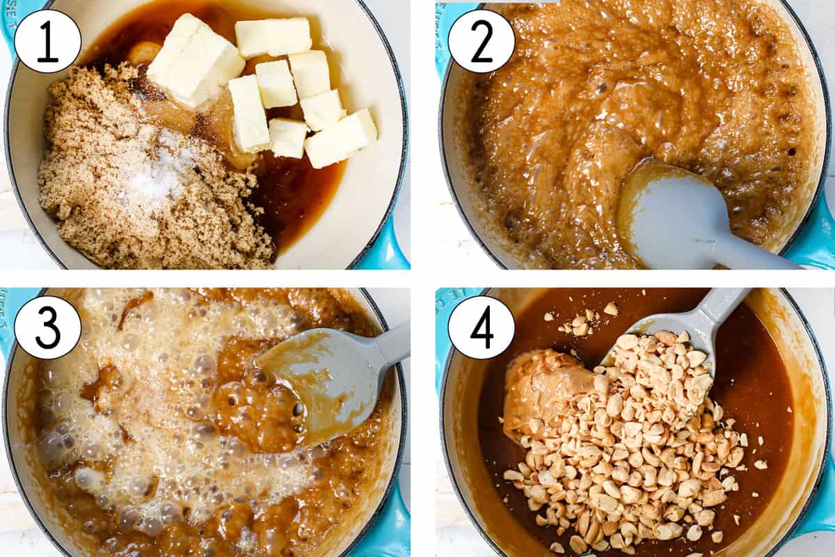 a collage showing how to make ice cream cake by simmering the brown sugar, butter and corn syrup together, then adding the heavy cream, vanilla, peanut butter and chopped peanuts
