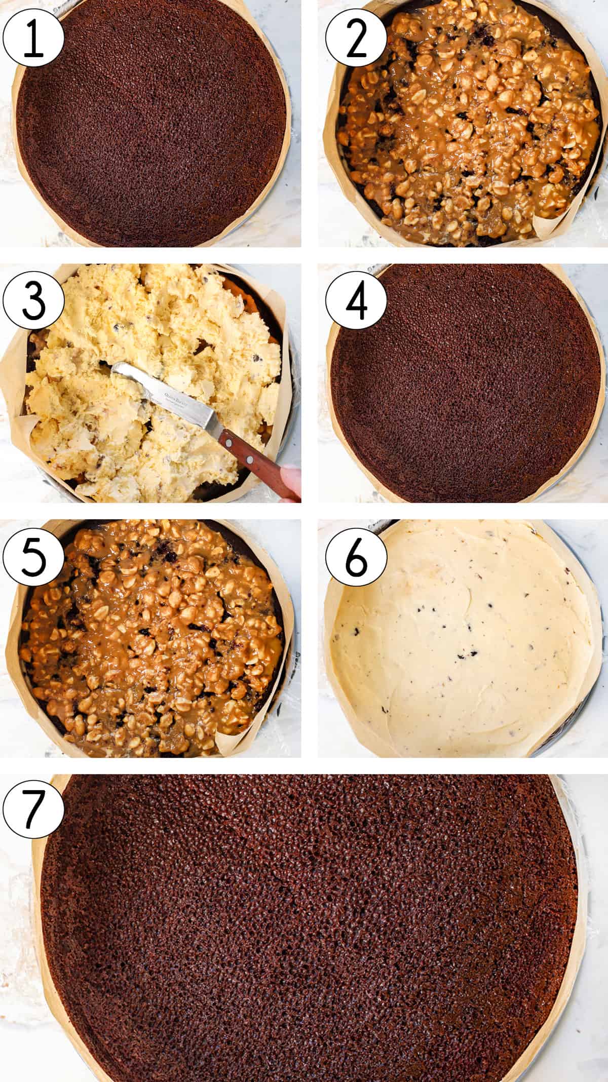 a collage showing how to make ice cream cake by 1) adding the cake layer, 2 adding the peanut butter caramel sauce, adding the ice cream, then repeating the layers and finishing with a third cake layer