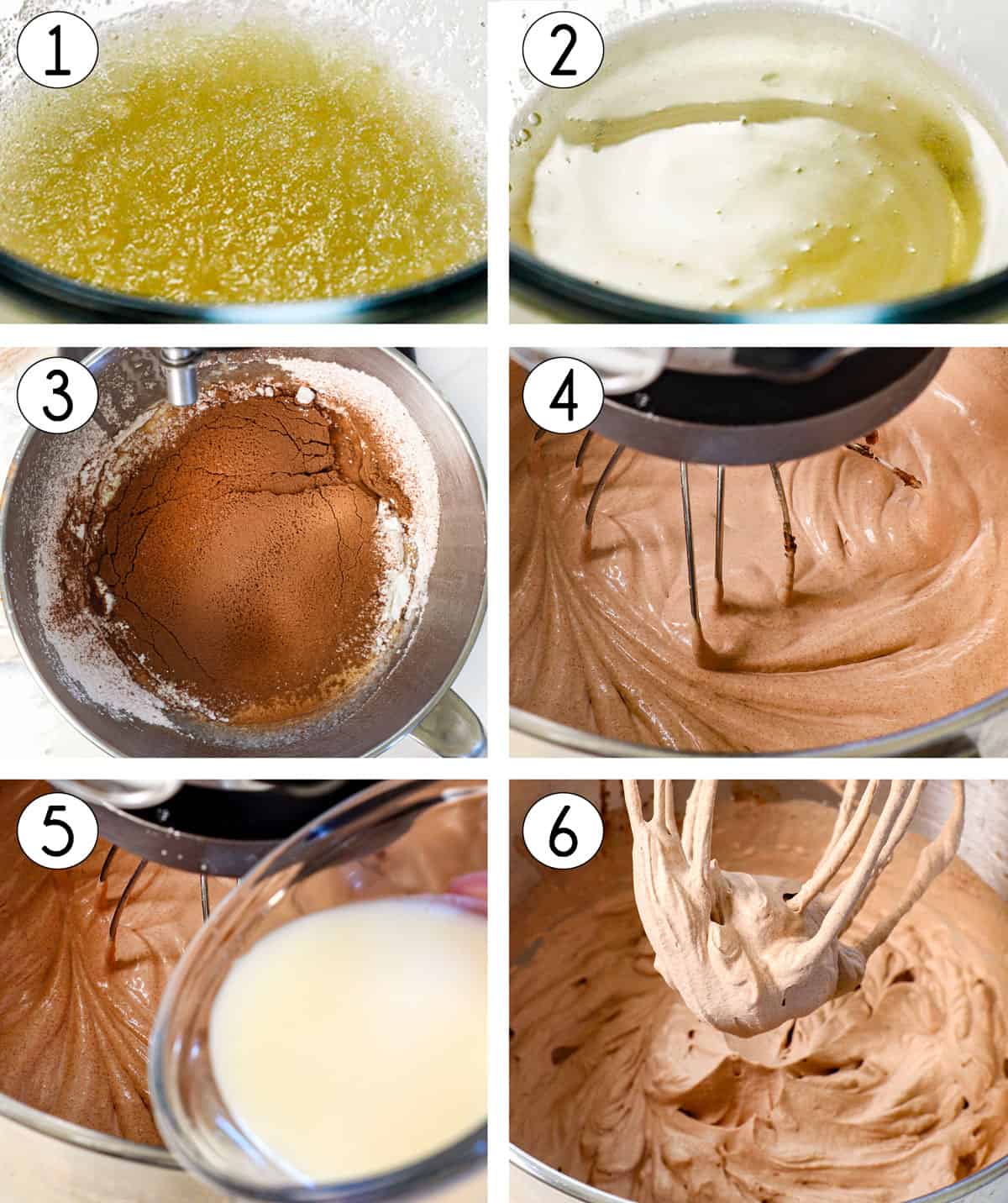 a collage showing how to make ice cream cake by making stabilized chocolate whipped creamy by blooming gelatin, microwaving gelatin, whipping heavy cream, sugar and cocoa powder, adding the gelatin, then whipping to stiff peaks