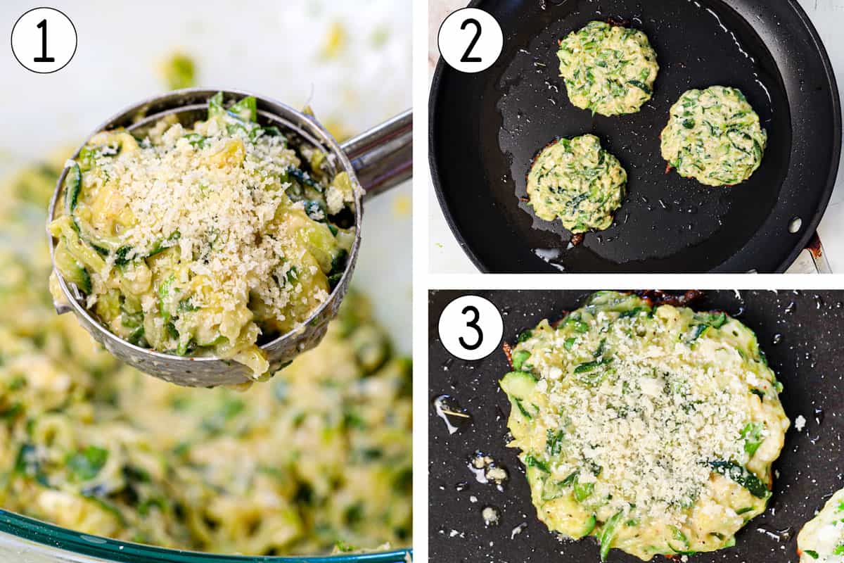 a collage showing how to make zucchini fritters by scooping the batter with an ice cream scoop and adding panko, then dropping into a skillet, then patting the panko over the top