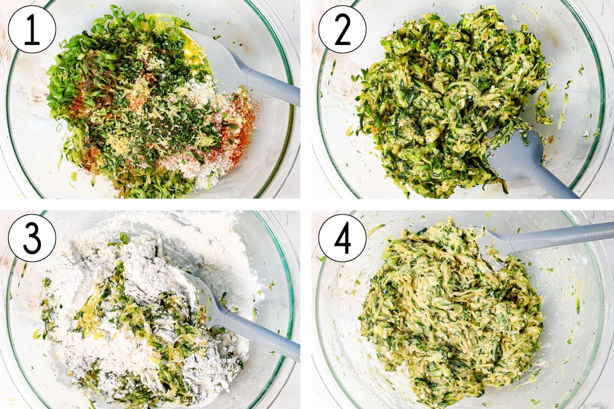 a collage showing how to make zucchini fritters by adding the shredded zucchini, eggs, green onions, spices, lemon zest, garlic, Parmesan to a bowl, mixing to combine, then adding the flour and baking powder and mixing to combine