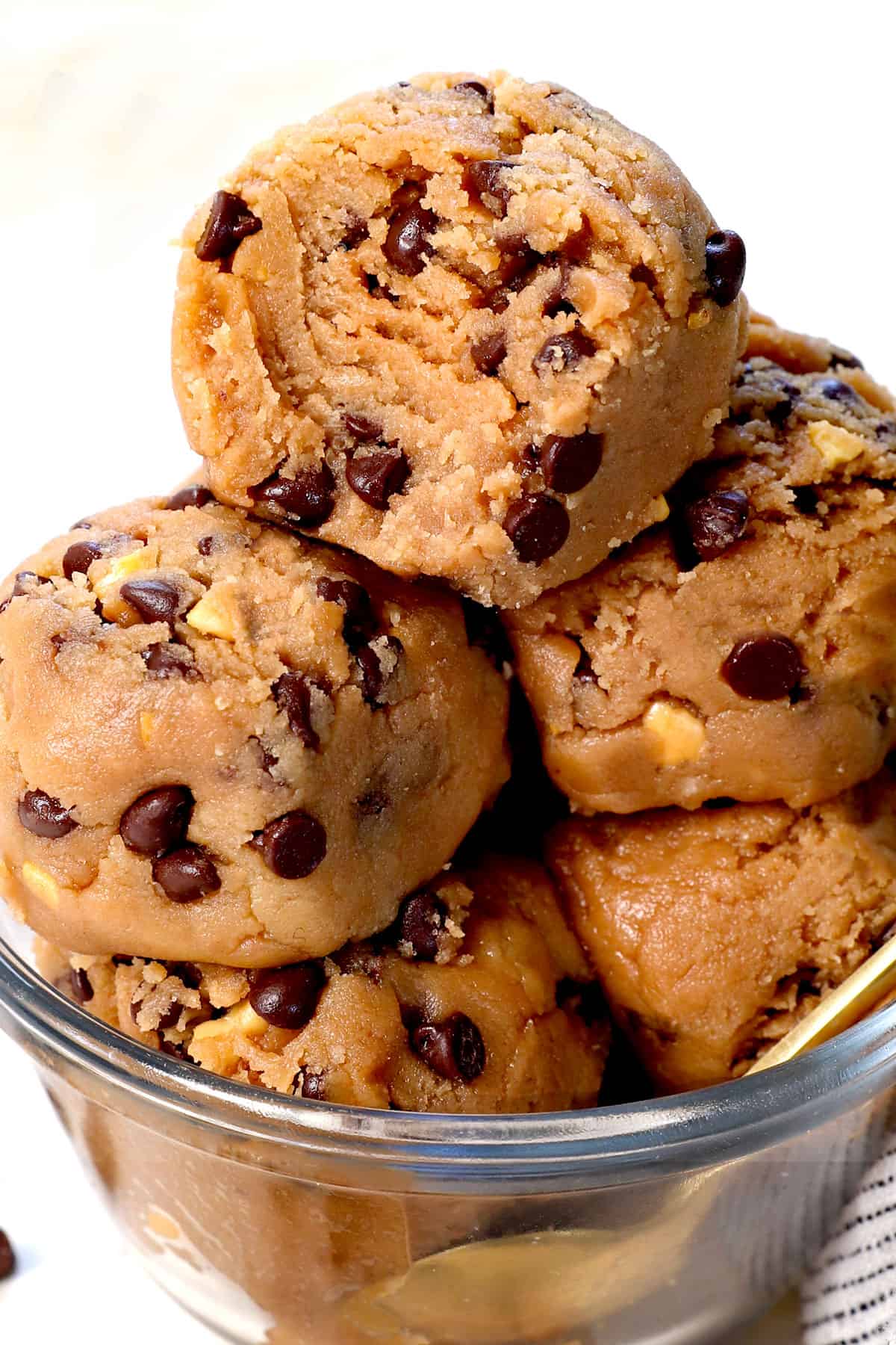 edible chocolate chip cookie dough with a bite taken out, showing the creamy, soft (never grainy!) consistency