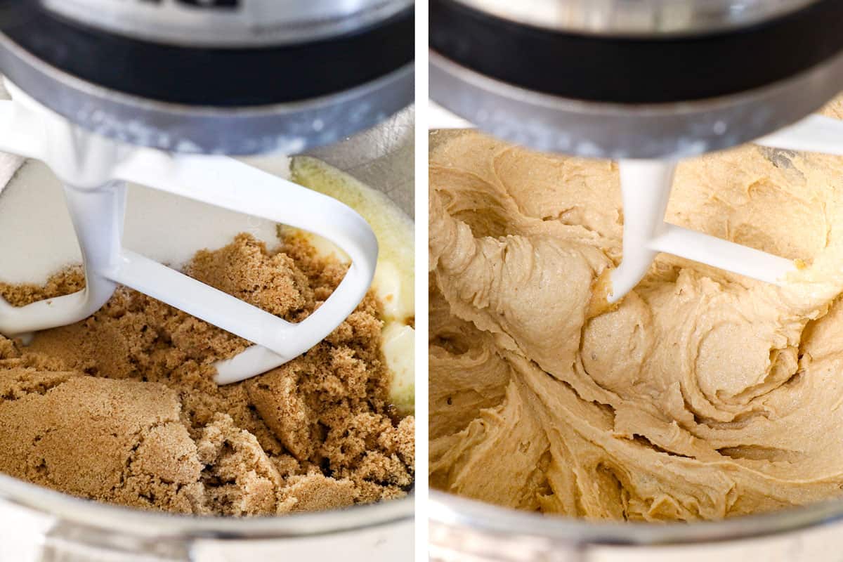 a collage showing how to make edible cookie dough by adding the brown sugar, granulated sugar and butter to the bowl of a stand mixer, then creaming until fluffy