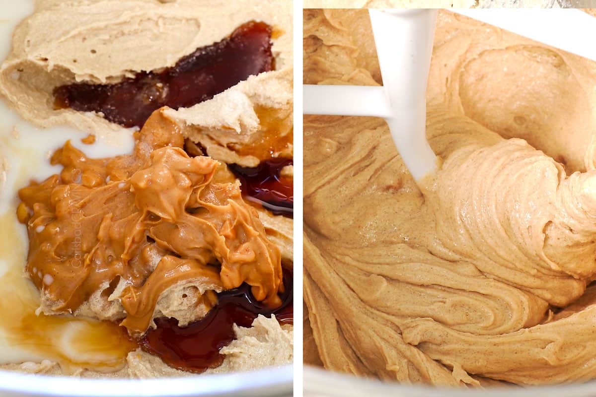 a collage showing how to make edible cookie dough by adding the milk, vanilla and salt, and mixing to combine