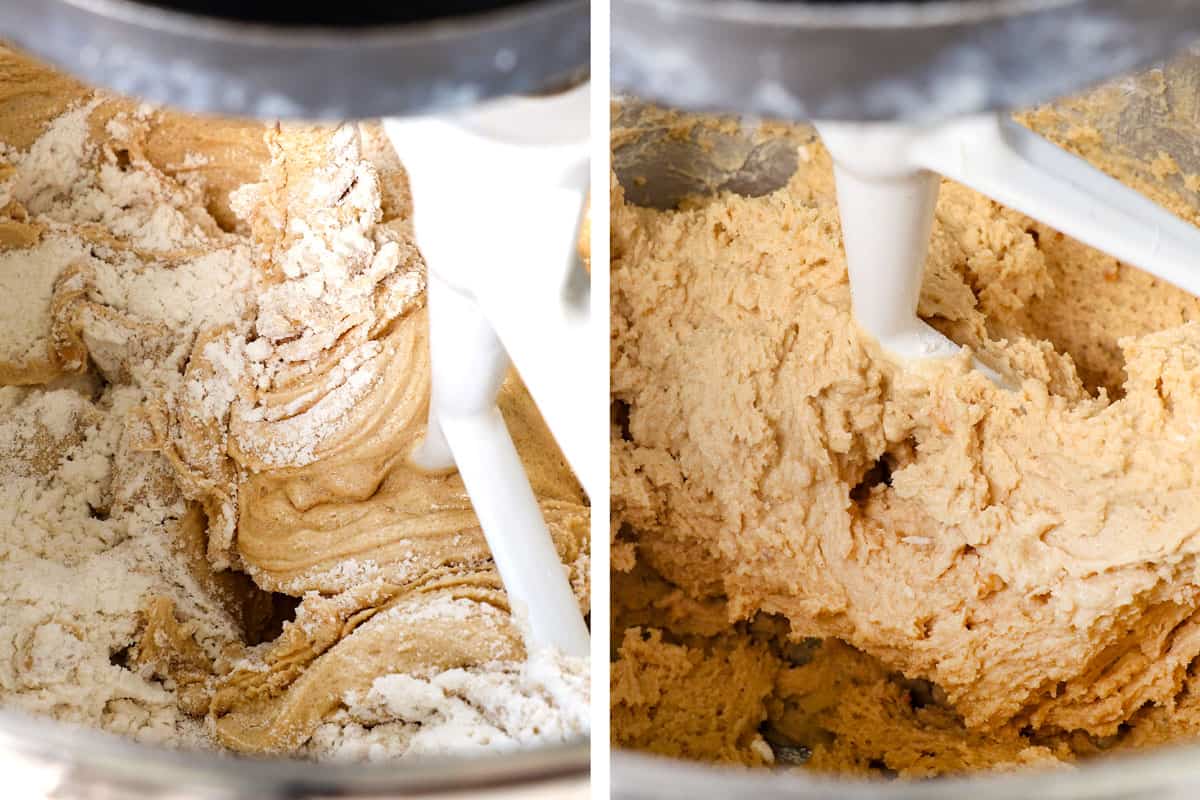 a collage showing how to make edible cookie dough by adding the flour and mixing to combine