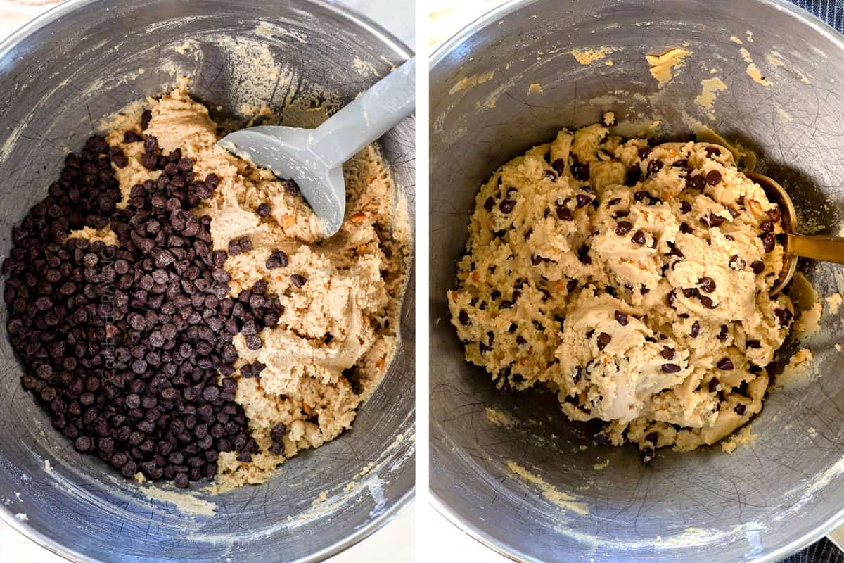 a collage showing how to make edible cookie dough by adding the chocolate chips and stirring by hand