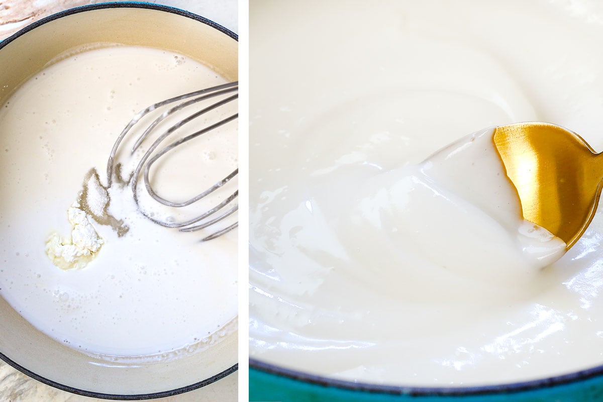 a collage showing how to make mango sticky rice by adding coconut milk, sugar, cornstarch and salt to a saucepan and bringing to a simmer until thickened