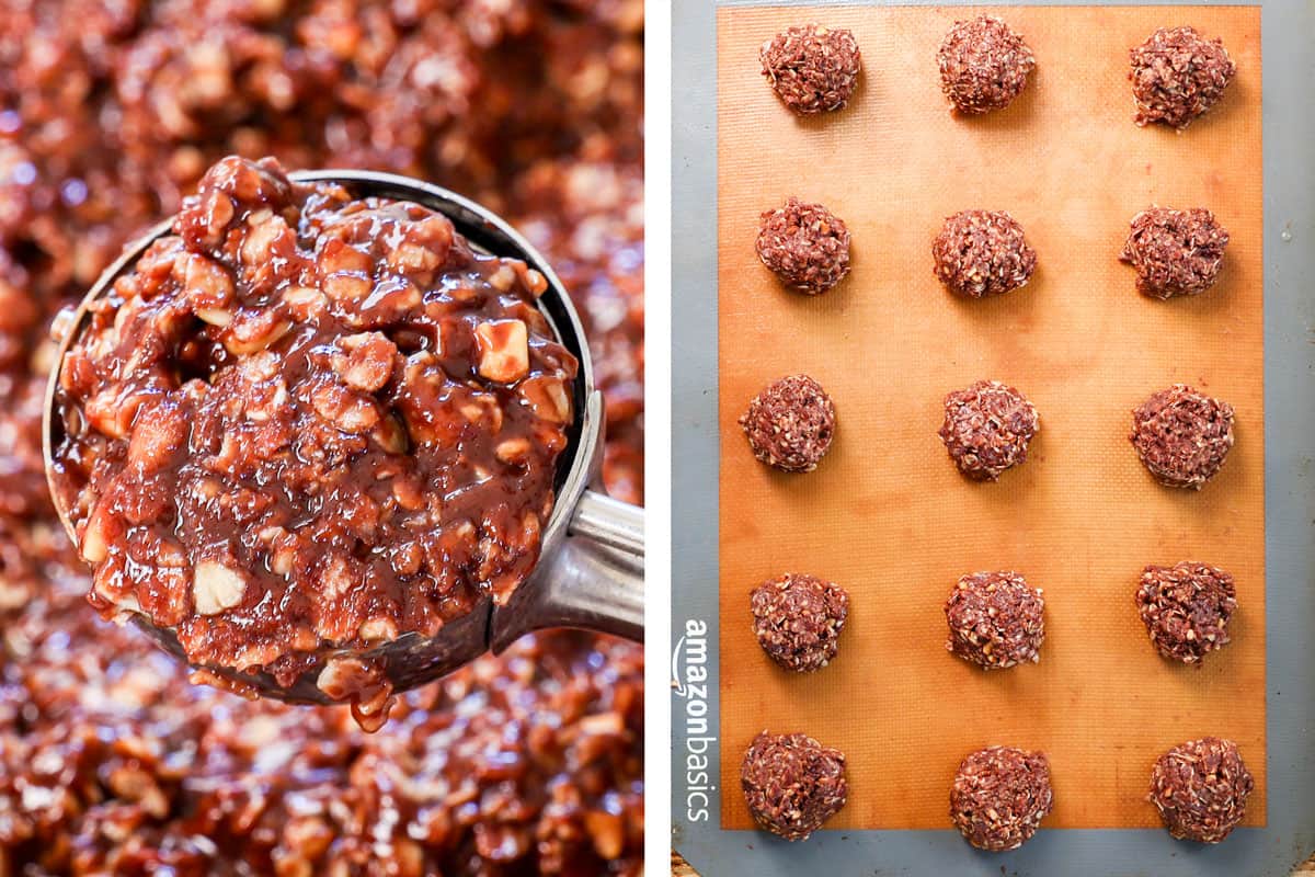 a collage showing how to make no bake cookies by scooping the mixture using a cookie scoop then lining on a nonstick baking mat in rounds