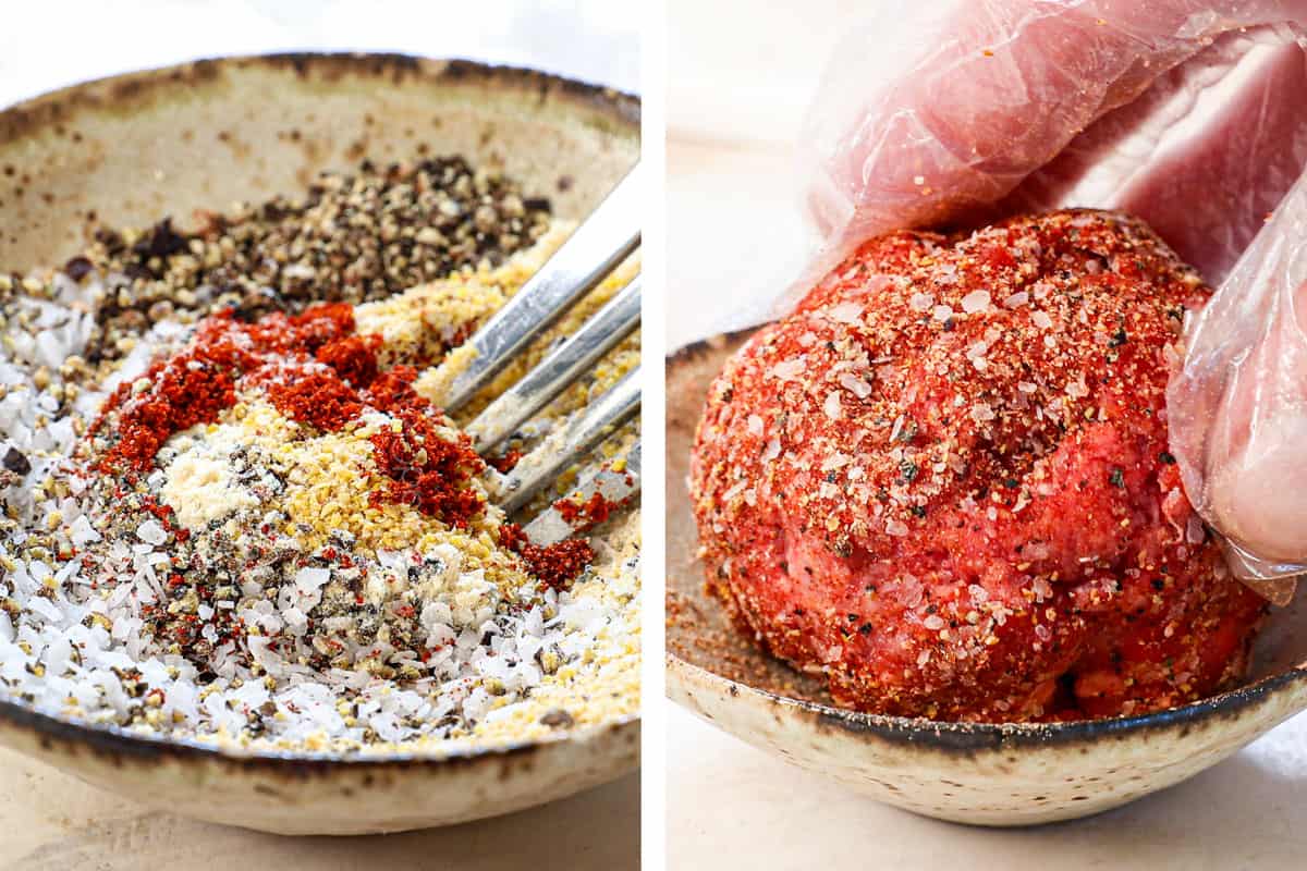 showing how to make smash burgers by whisking the spices together in a bowl, then rolling the meat balls in the spices to coat