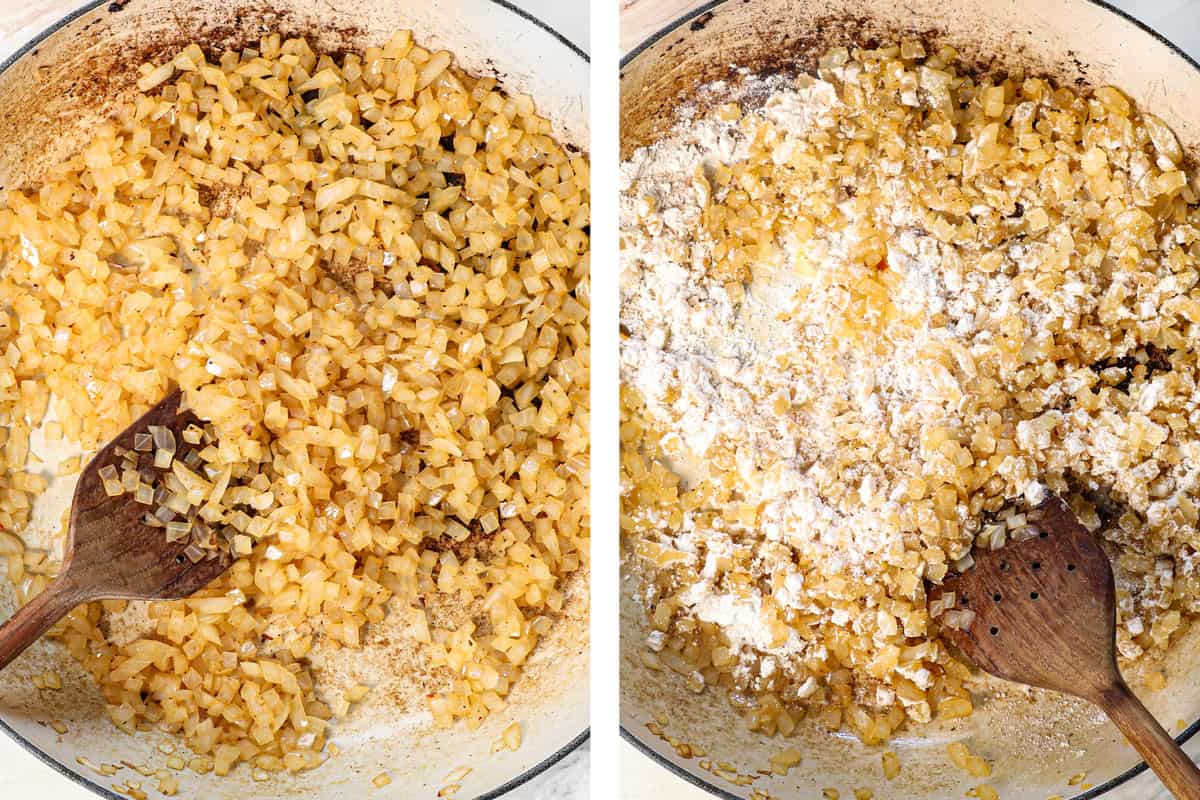 showing how to make cavatelli by sautéing onions and garlic, then adding flour and cooking