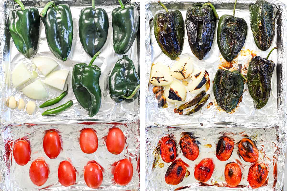 a collage showing how to make chile rellenos by roasting the poblano peppers and salsa ingredients (tomatoes, onions, garlic, serrano chiles) in the oven until charred and blackened