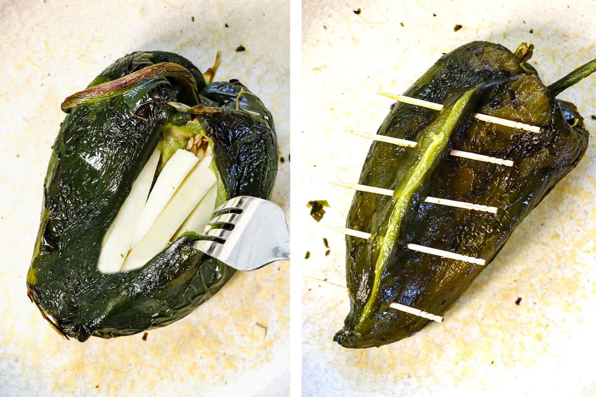 a collage showing how to make chile rellenos by cutting a slit down the middle of the chile, stuffing with sticks of cheese, then closing the opening and securing with toothpicks