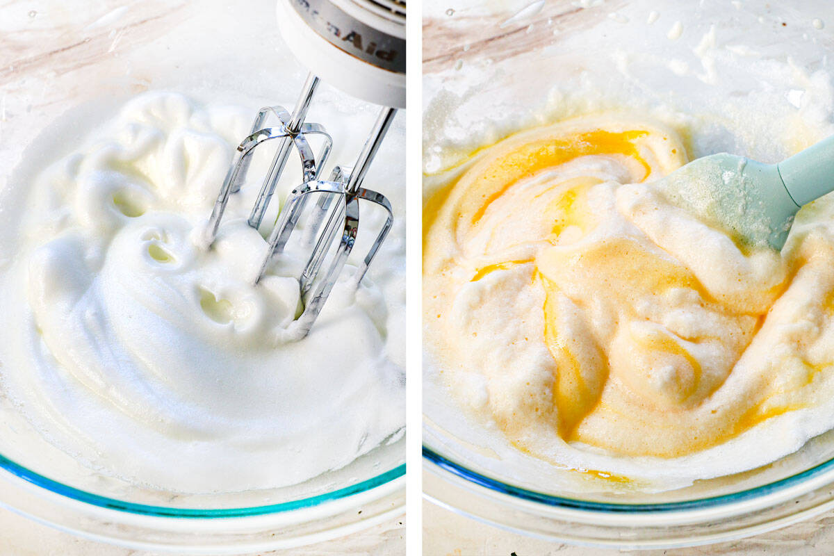 a collage showing how to make chile rellenos by whipping the egg whites to stiff peaks, then folding in the egg yolks to make the batter