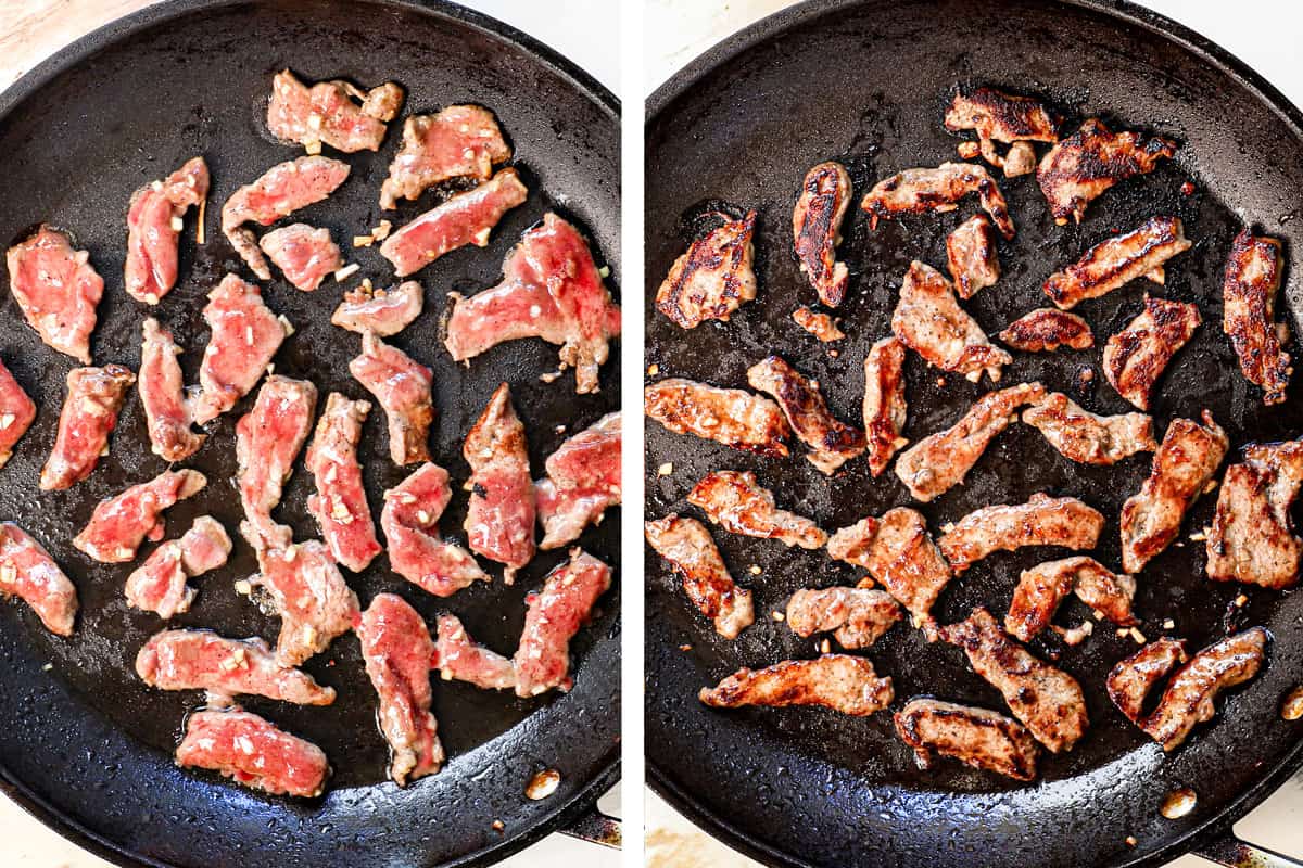 a collage showing how to make japchae by searing the beef in a single layer on each side