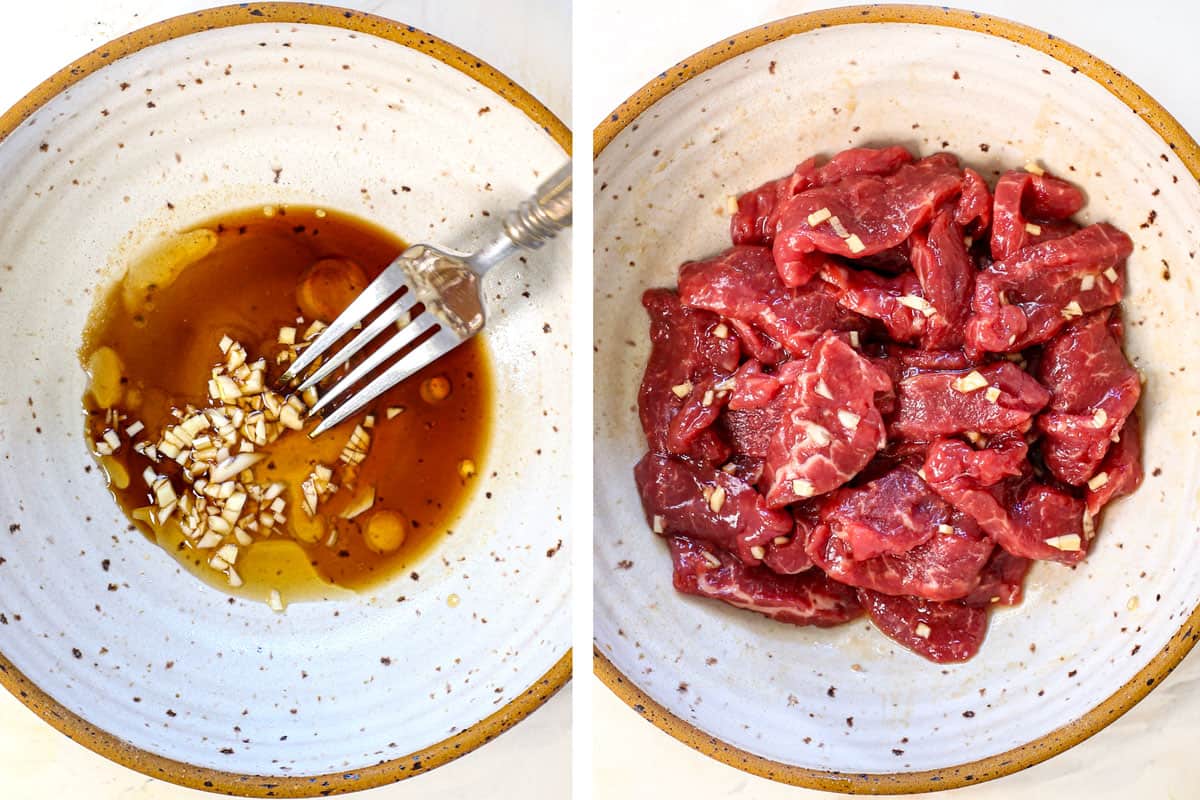 a collage showing how to make japchae by whisking the beef marinade ingredients together, then stirring in the beef