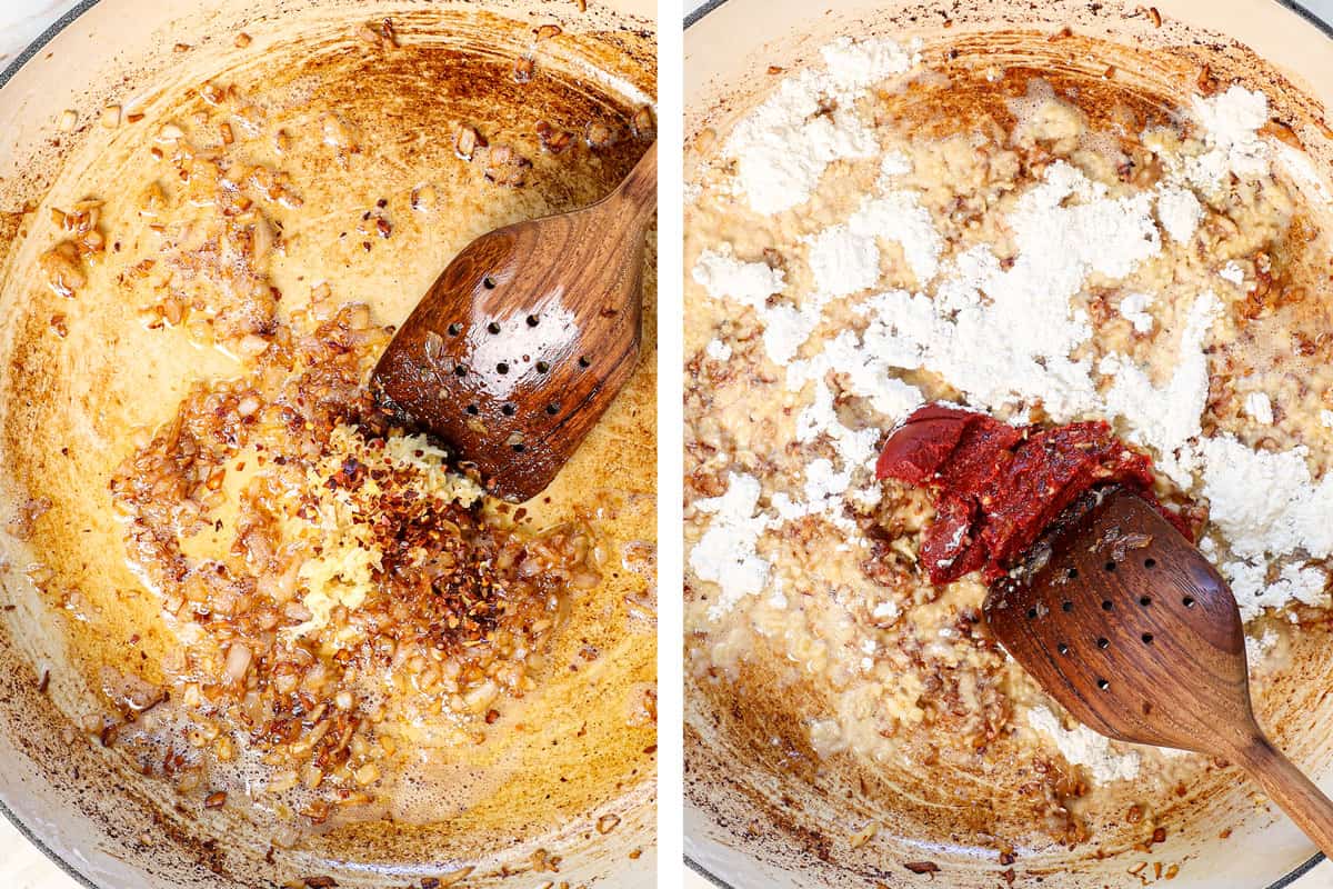 Showing how to make Marry Me Chicken by sautéing the shallots, followed by the garlic and red pepper flakes. Then, adding the tomato paste and flour