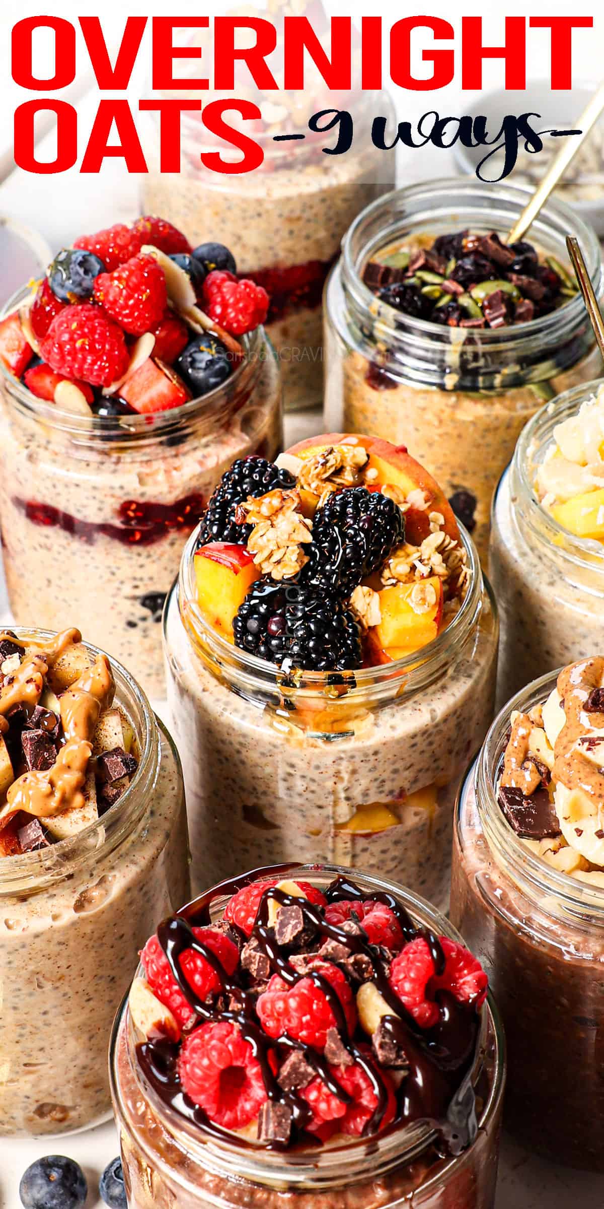 overnight oats being served in jars nine different ways