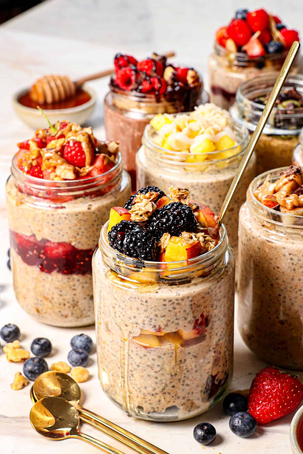 up close of overnight oatmeal being served with berries