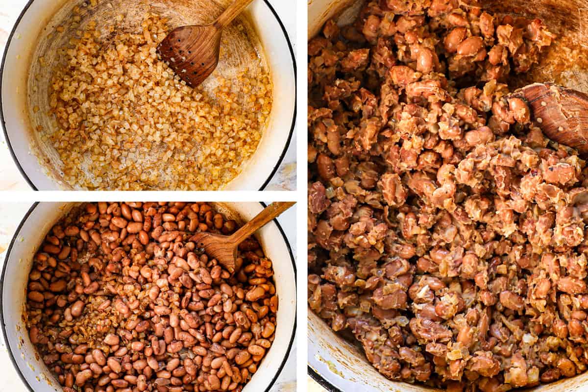 a collage showing how to make refried beans by sautéing diced onion, then adding the beans and spices, and cooking for 2 minutes