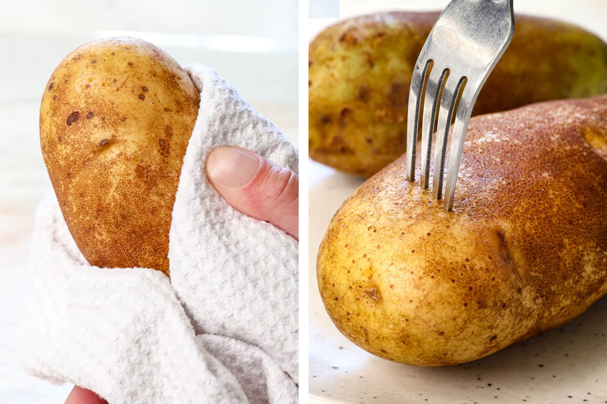 a collage showing how to make baked potatoes in air fryer by washing, drying, and pricking all over with a fork