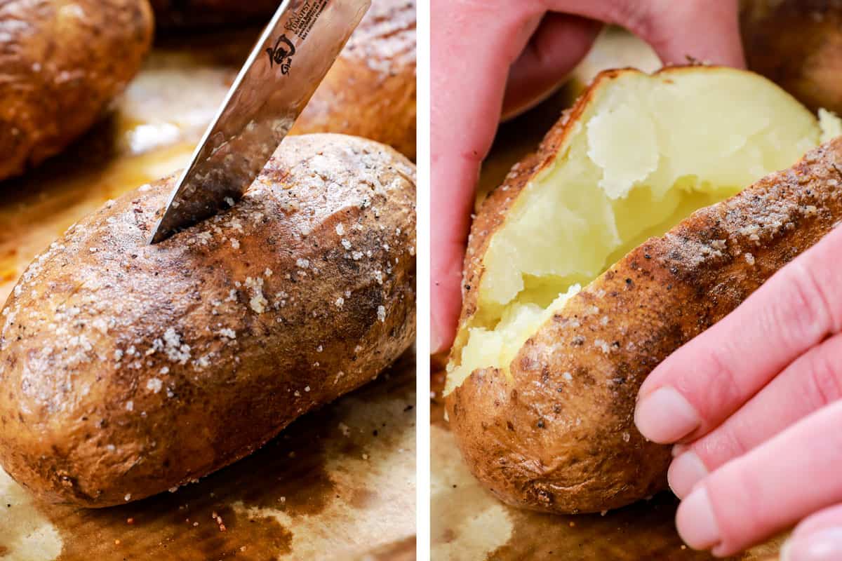 showing how to make baked potatoes in air fryer by making a cut down the center top of the potato, pinching the edges to open