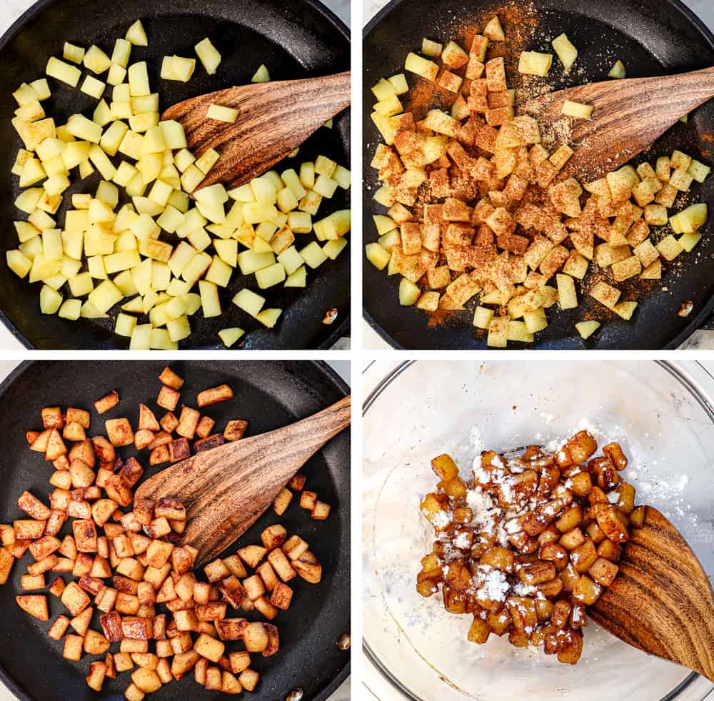 showing how to make Apple Cider Donuts by cooking apple sin a skillet with butter to soften, then adding ground cinnamon, then cooking until caramelized, then adding to a bowl and tossing with flour