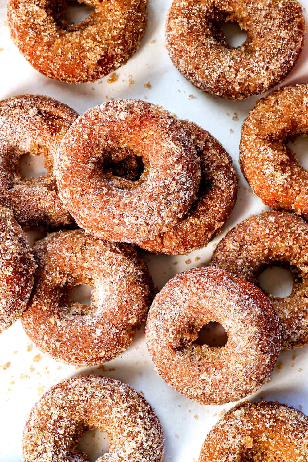 top view of apple cider donut recipe showing the cinnamon sugar topping