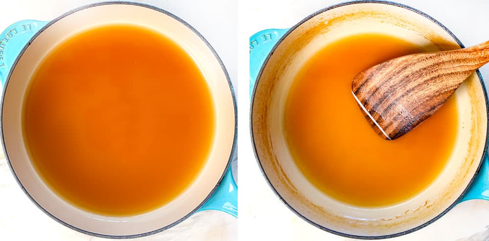 a collage showing how to make Apple Cider Donuts by reducing the apple cider in a saucepan until ½ cup remains