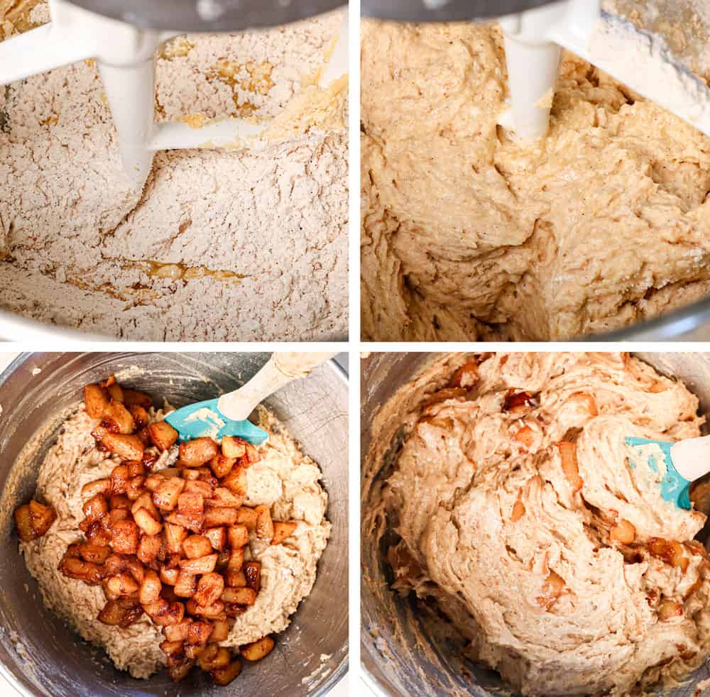 a collage showing how to make Apple Cider Donuts by adding the flour mixture to the wet ingredients in the mixer, alternating with the reduced apple cider, then stirring in the caramelized apples into the batter