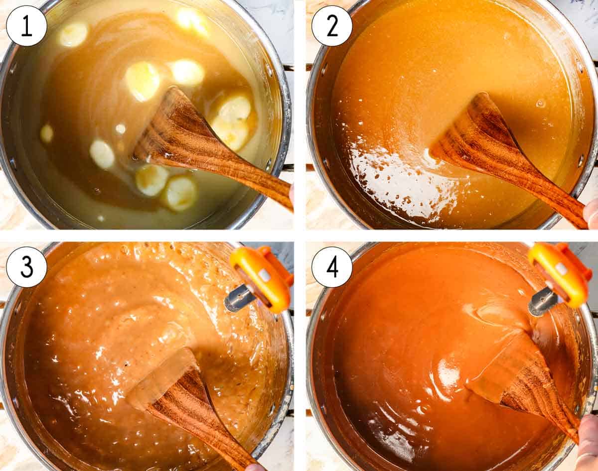 a collage showing how to make caramel apples by melting the caramel ingredients together, bringing to a boil, then cooking until it reaches 145 degrees F