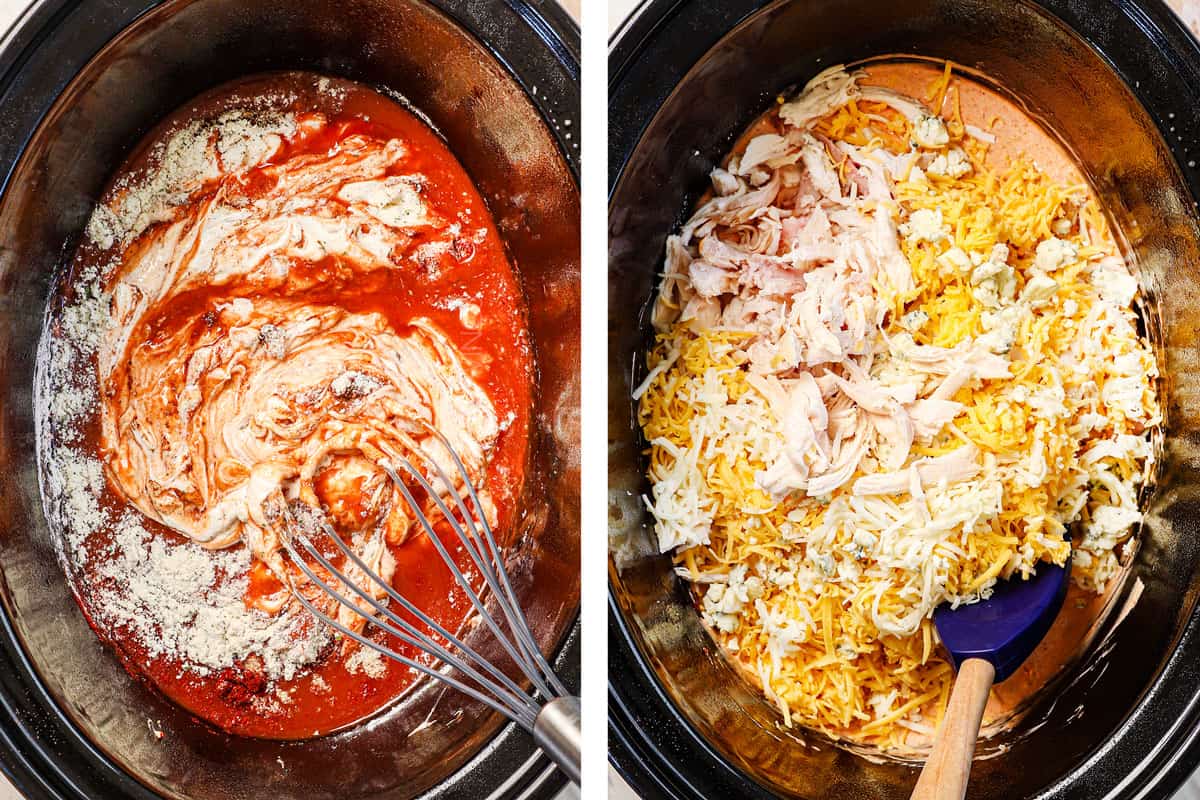 showing how to make buffalo chicken dip by stirring the buffalo sauce, spices, and sour cream together, then stirring in the chicken and cheeses in the crockpot