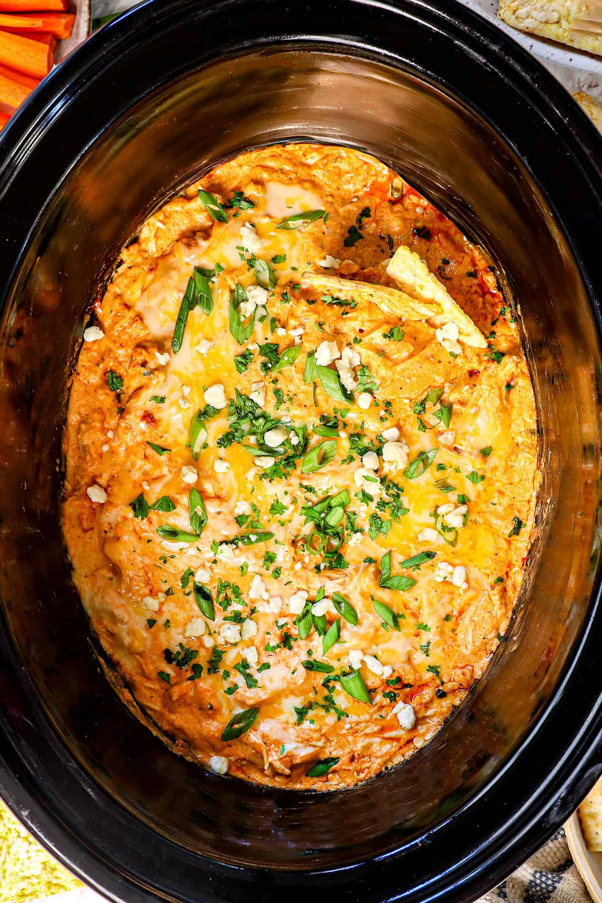 serving buffalo chicken dip with chips