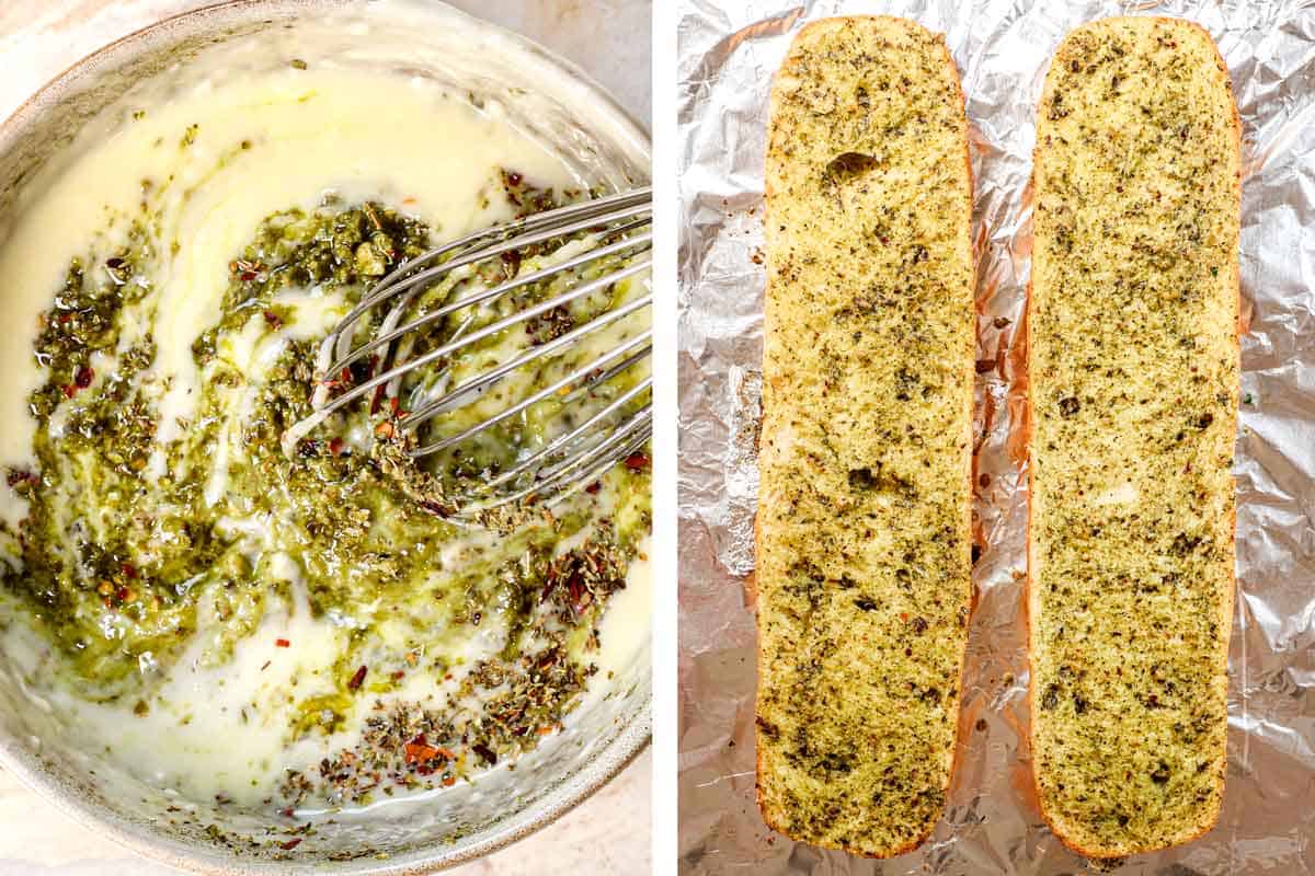 a collage showing how to make French Bread Pizza by melting butter with pesto create pesto butter, then spreading it over the French Breads and baking