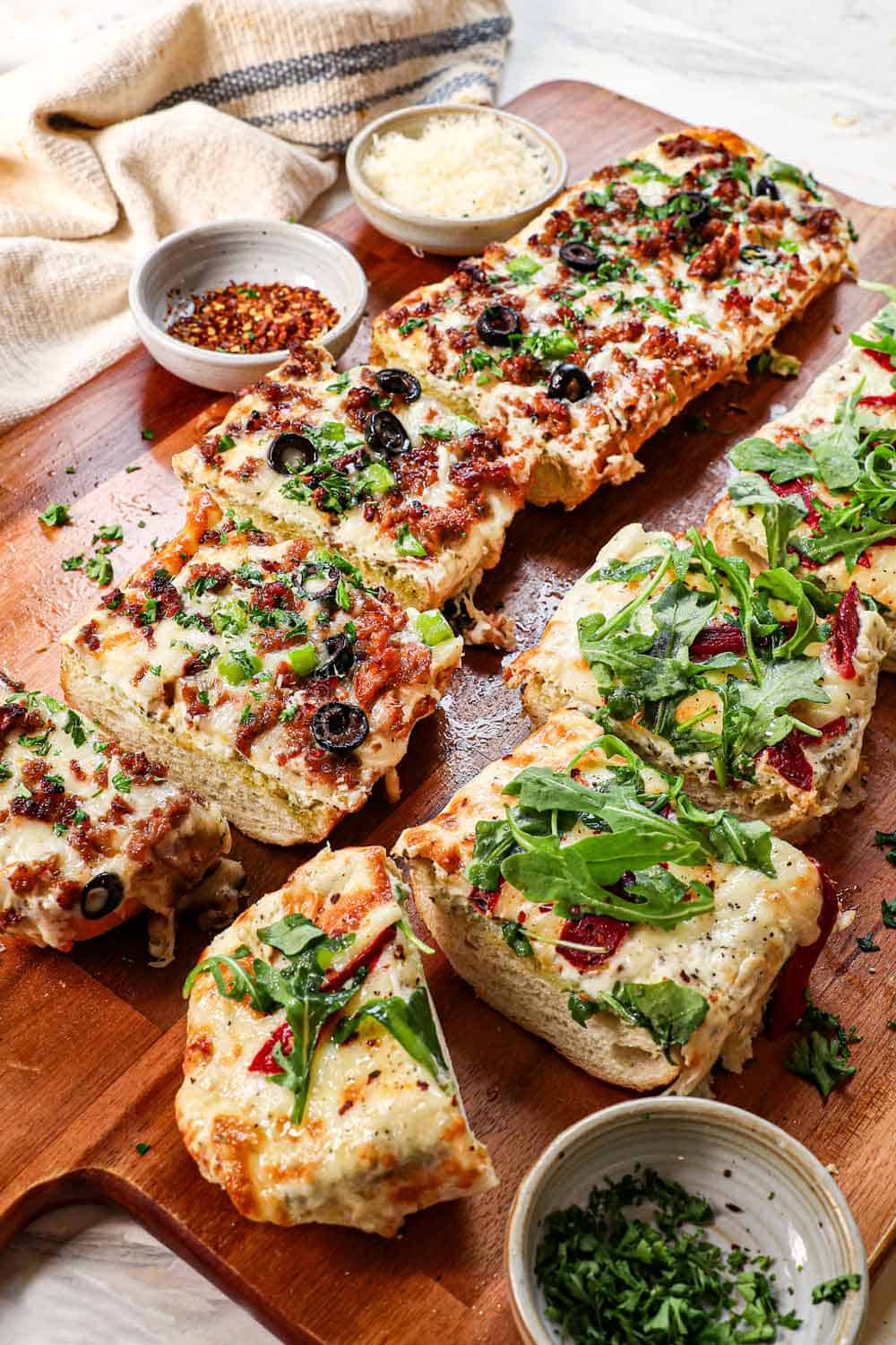 French Bread pizza recipe on a cutting board