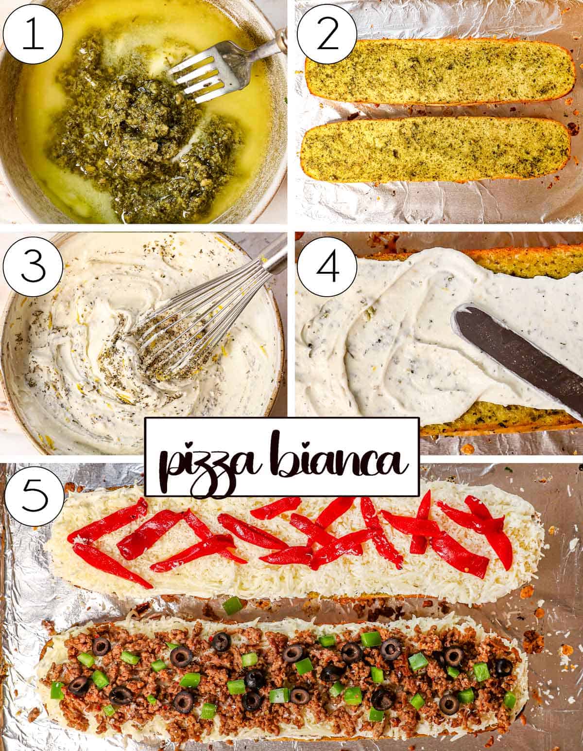 showing how to make bianca french bread pizza by spreading pesto butter over the bread, baking, then whisking together ricotta and spices and spreading over the bread, then adding toppings and baking