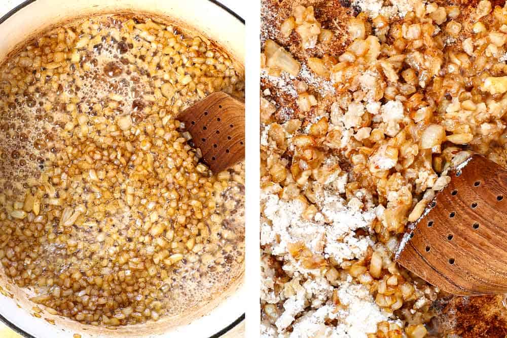 Showing how to make baked potato soup by sautéing onions and garlic in bacon grease, then cooking flour