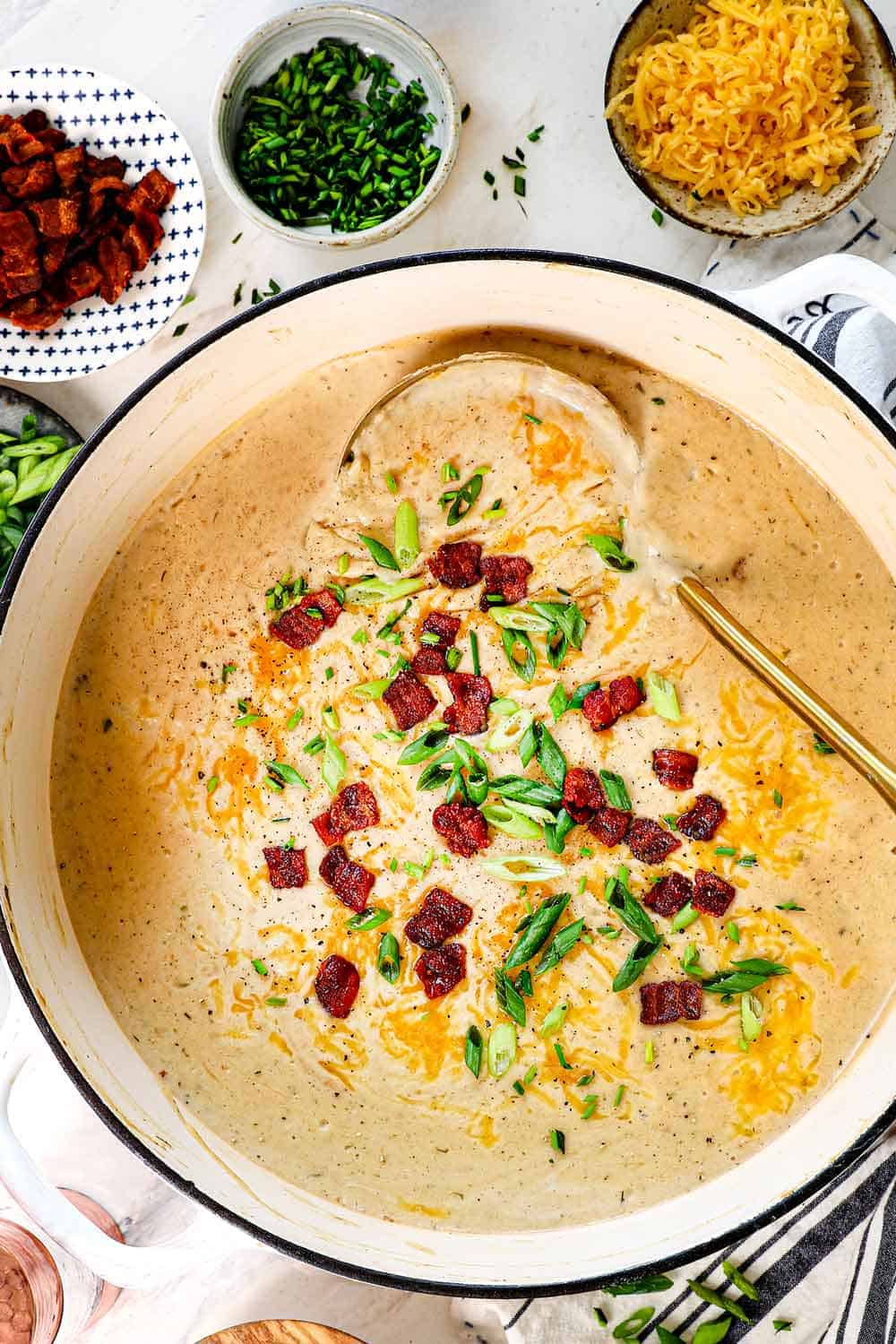 showing how to make baked potato soup recipe by adjusting to taste with salt and pepper