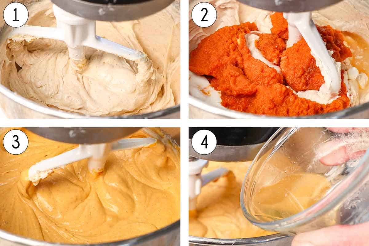 showing how to make No Bake Pumpkin Cheesecake by whipping the cream cheese with sugars, then whipping in the pumpkin puree, then adding the gelatin