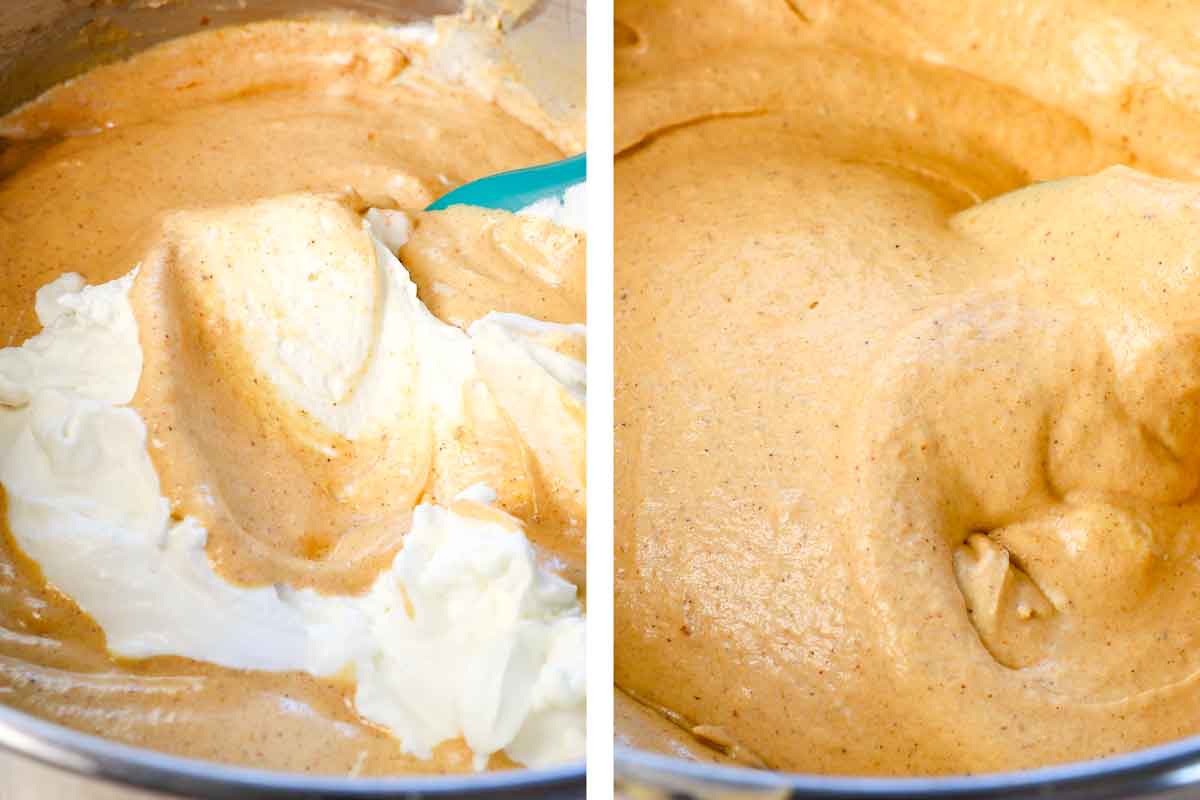 showing how to make pumpkin no bake cheesecake by stirring in the whipped cream