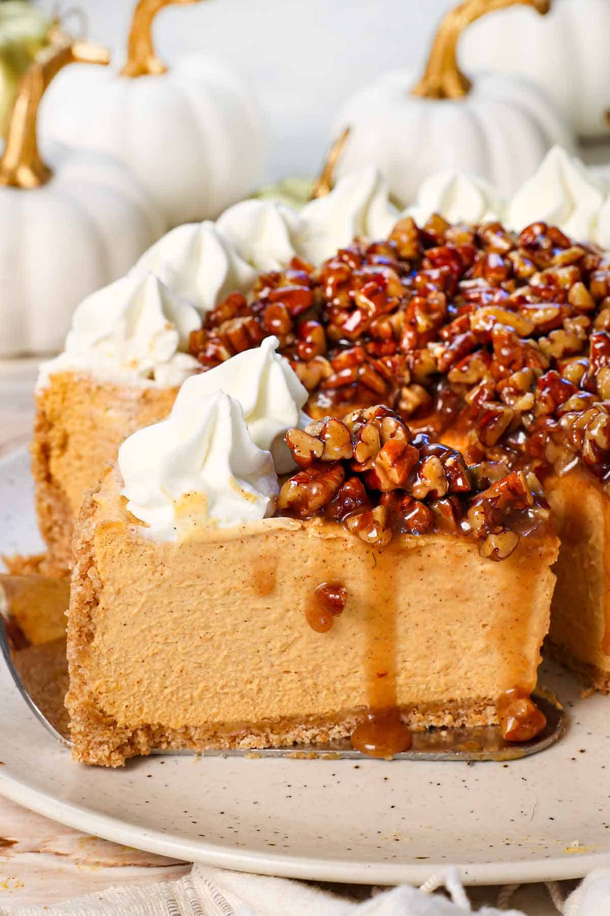 a slice of No Bake Pumpkin Cheesecake recipe with a slice in front